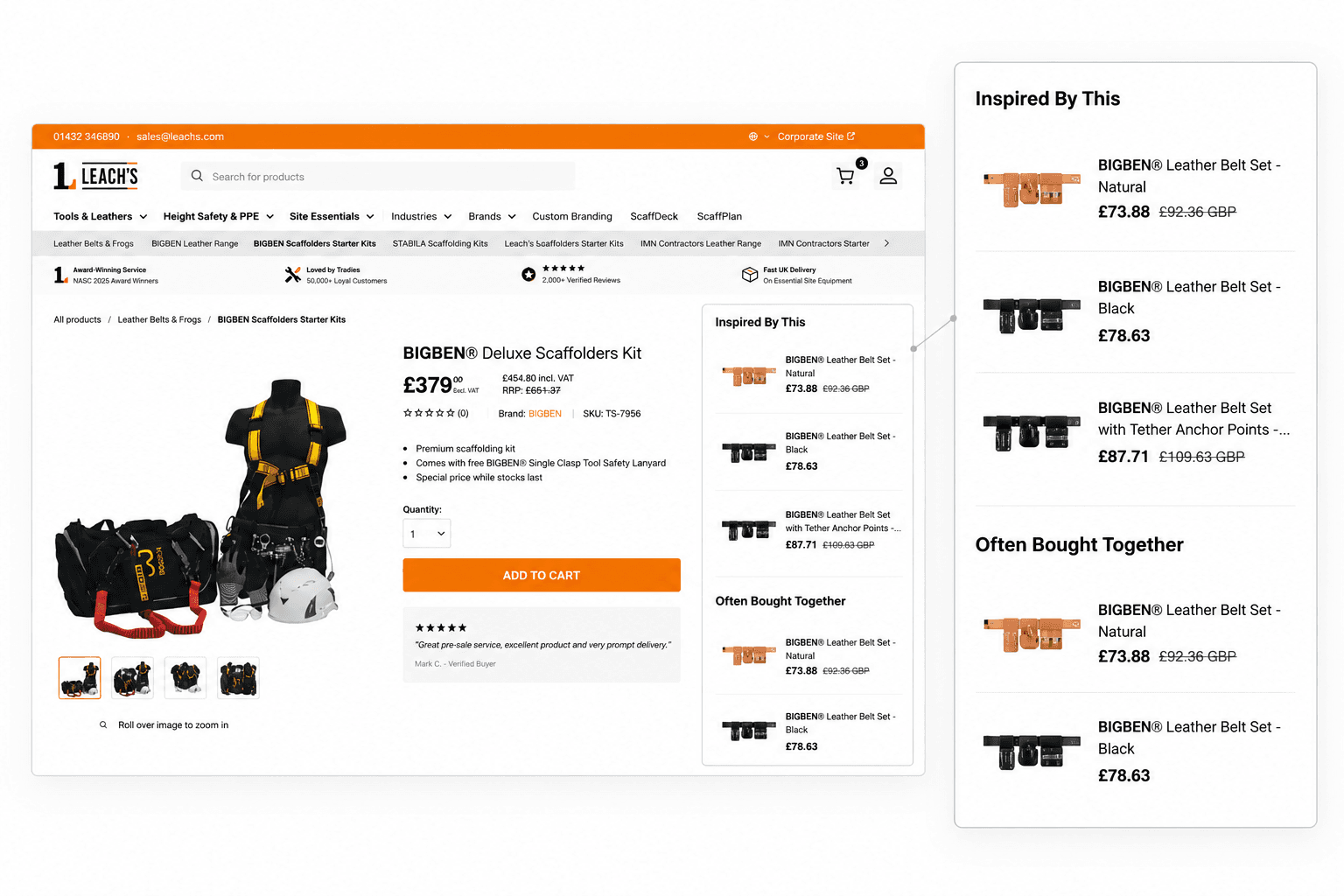 Fig. 02 — Recommendations — related and frequently bought-together products, kept current automatically and rendered by the theme